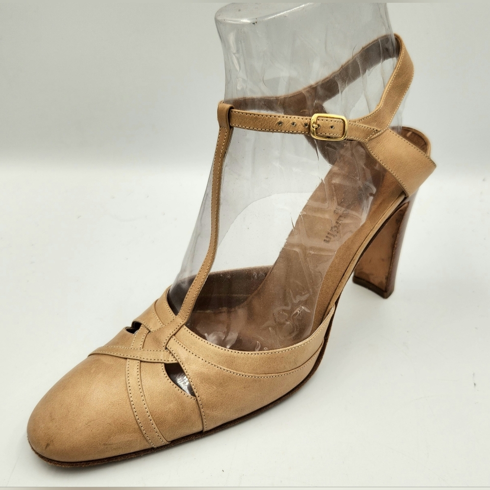 Sylvie Bourdin Womens 8 Heeled Mary Jane Shoe Beige Leather T Strap Almond Toe